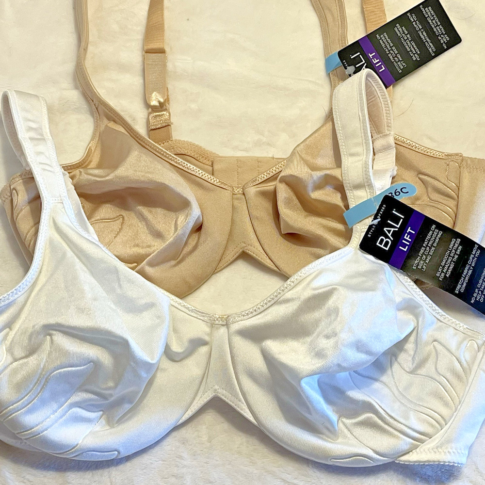 Womens Bali Lift Bras NWT 36C White and Nude Soft Cup Lined Side Lift Adjustable